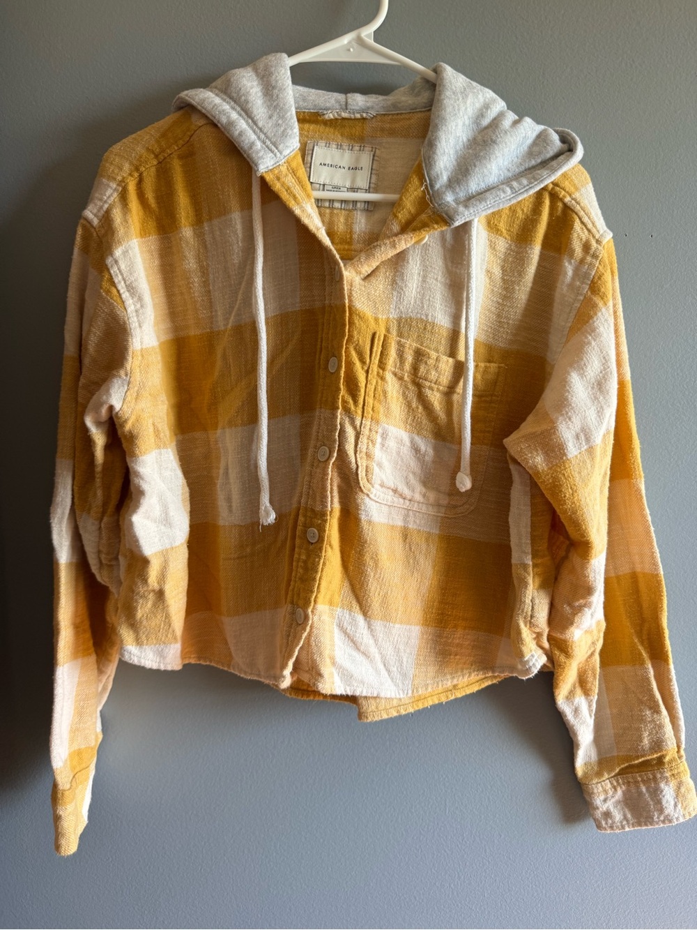 American Eagle Outfitters Yellow & Cream Plaid  Cropped Hooded Shirt Jacket